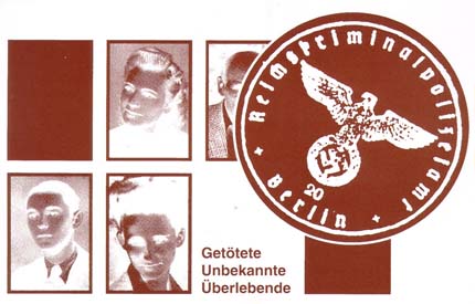 Braun-weiß-Negative von Gesichtern und Stempel des Reichskriminalpolizeiamtes